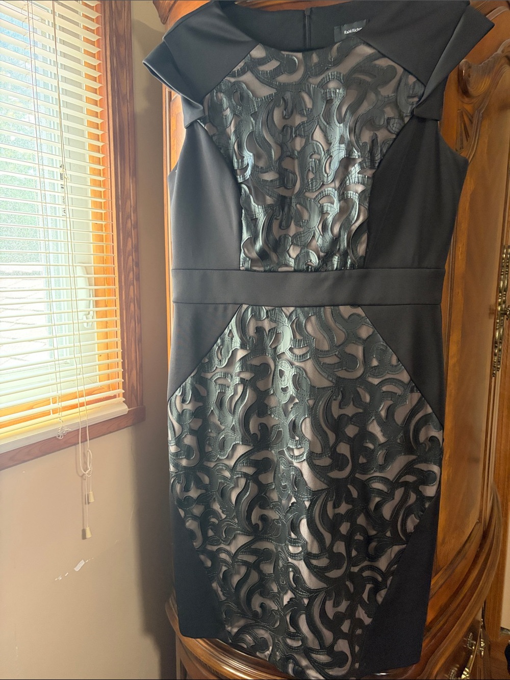 R & M Richards Black Midi Dress with Textured Lace-Effect Panels